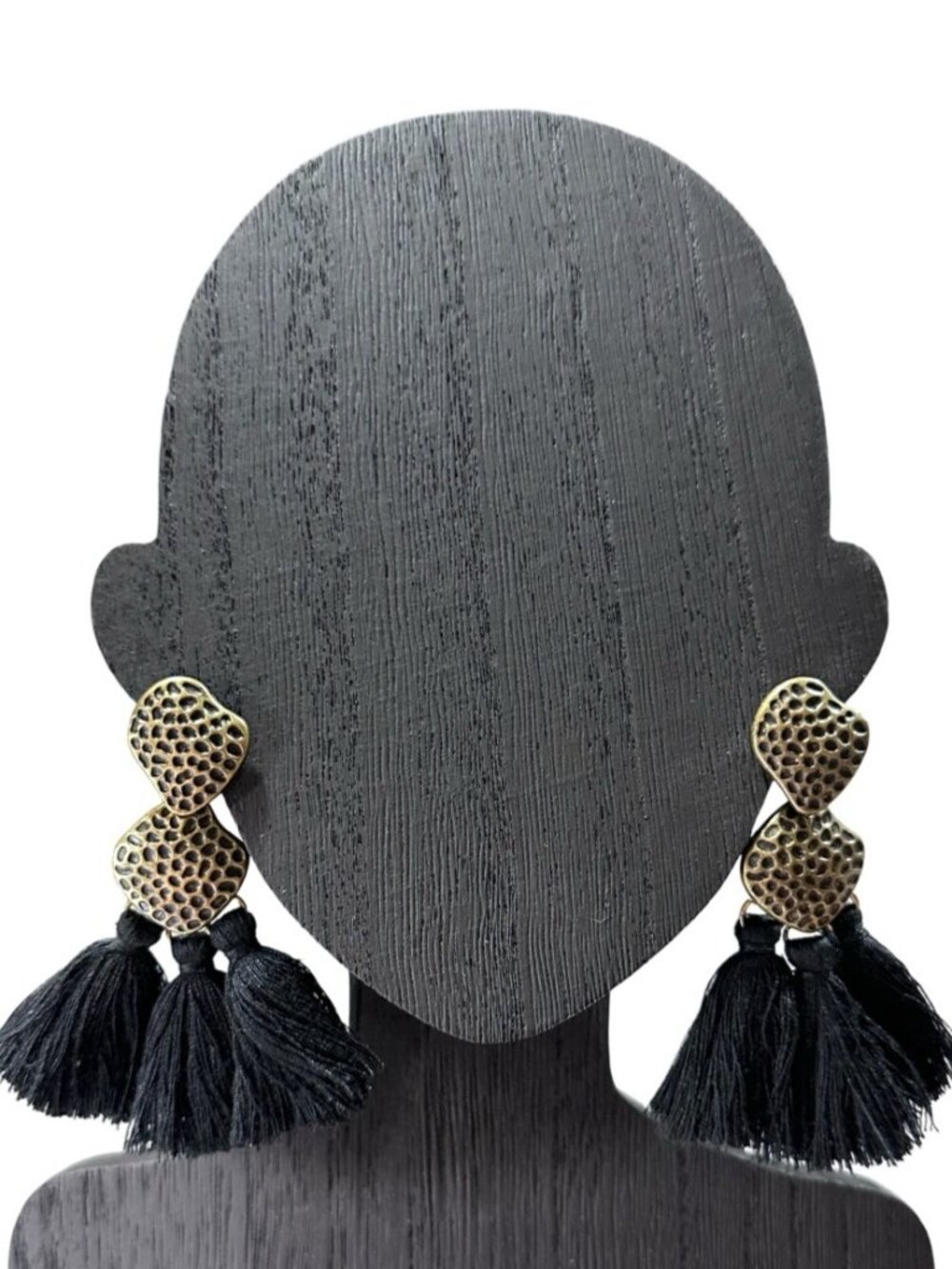 Black Tiered Tassel Earrings With Dark Gold Tone Textured Metal Accents NWOT
